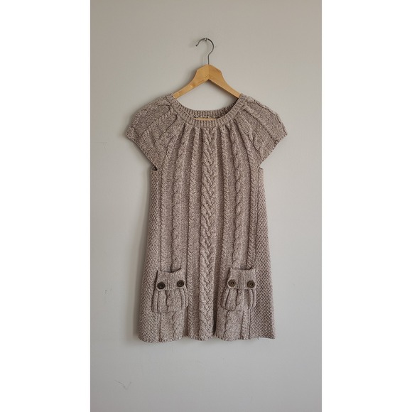 Style & Co. Dresses & Skirts - Style & Co Womens Cable Knit Sweater Dress Taupe Short Sleeve Pockets Size xs/s